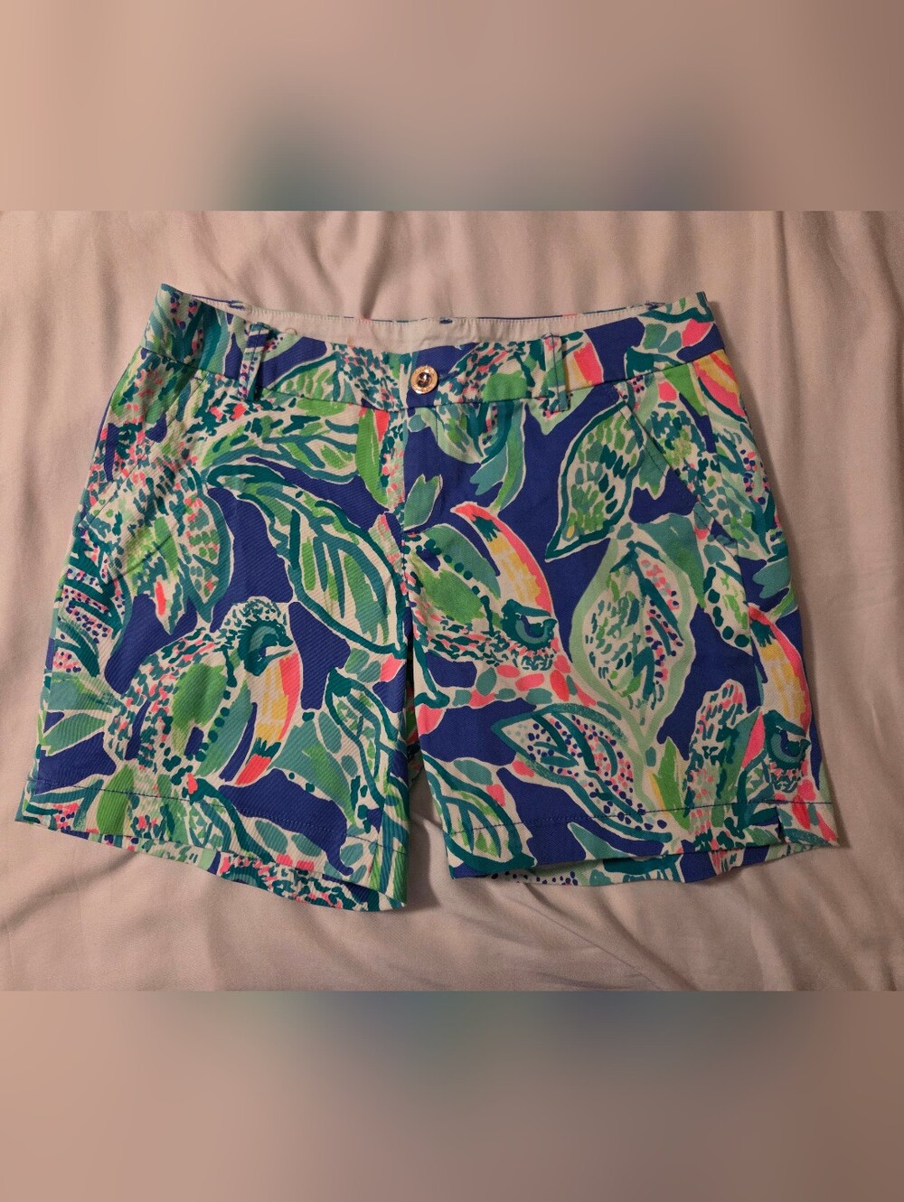 Lilly Pulitzer Leaf Print Bermuda Stretch 5" Shorts — Blue, Green & Pink